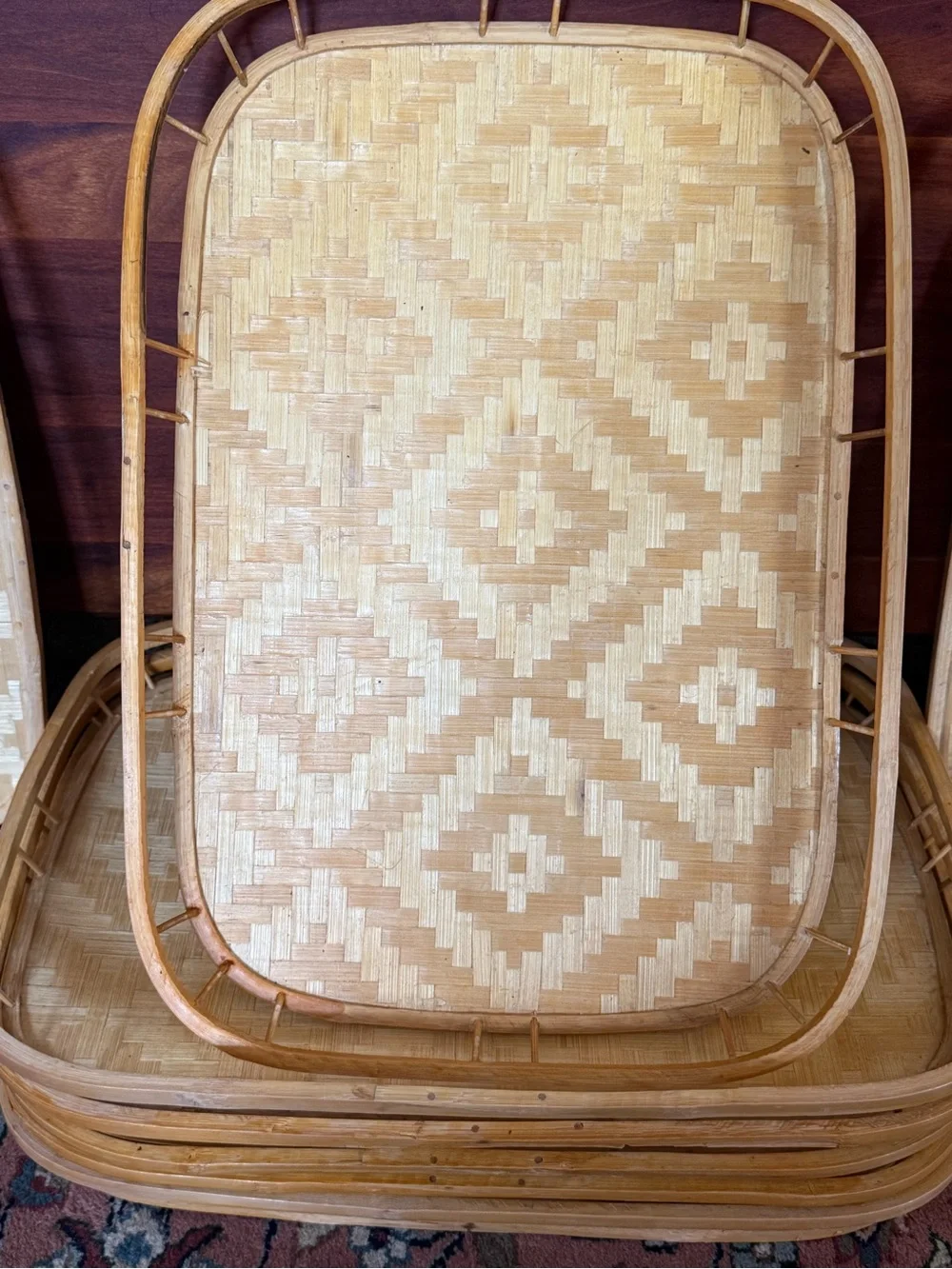 Vintage Mid-Century Bamboo Woven Trays - Natural Tan